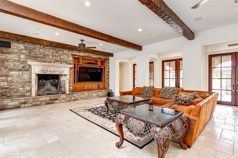Fireplace, Interior, Living room, Recessed Lighting, Stone Walls, Wooden Beams