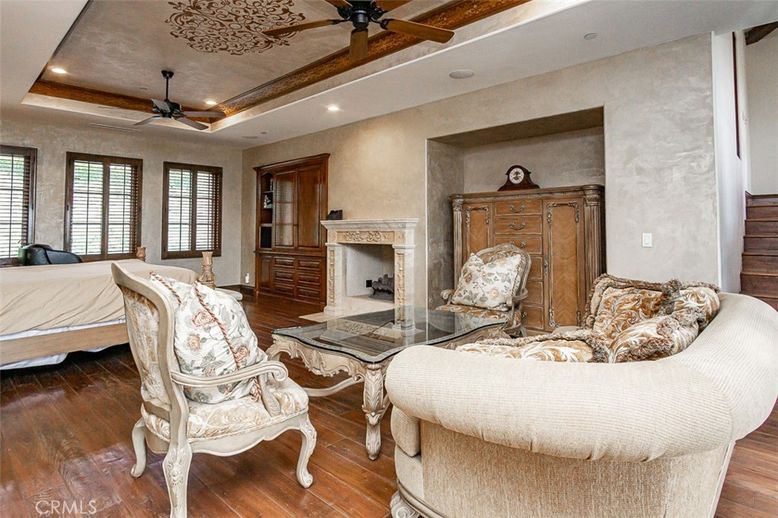 Bedroom, Fireplace, Interior, Living room, Recessed Lighting, Wood Texture Flooring