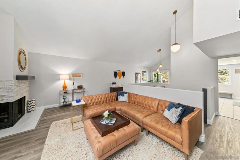 Fireplace, Interior, Living room, Pendant Lights, Wood Texture Flooring