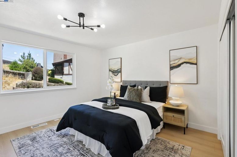 Bedroom, Interior, Pendant Lights, Wood Texture Flooring