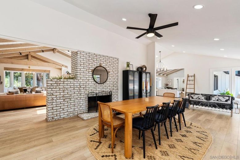 Dining room, Fireplace, Interior, Living room, Pendant Lights, Recessed Lighting, Stone Walls, Wooden Beams, Wood Texture Flooring
