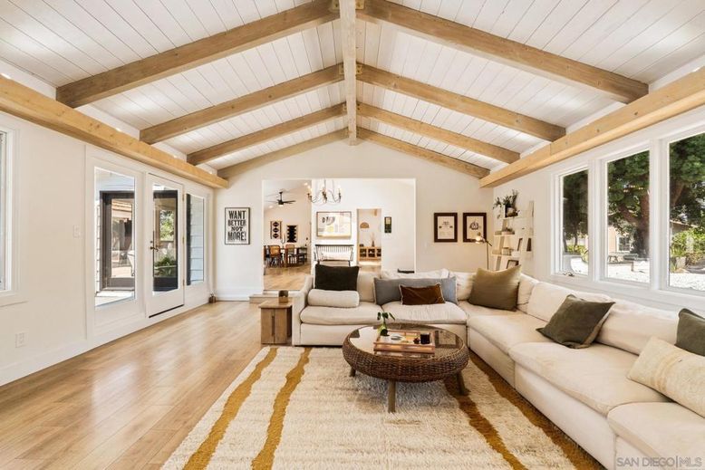Chandelier, Dining room, Interior, Living room, Wooden Beams, Wood Texture Flooring