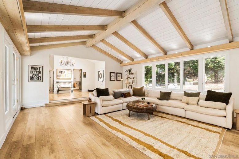 Chandelier, Interior, Living room, Wooden Beams, Wood Texture Flooring