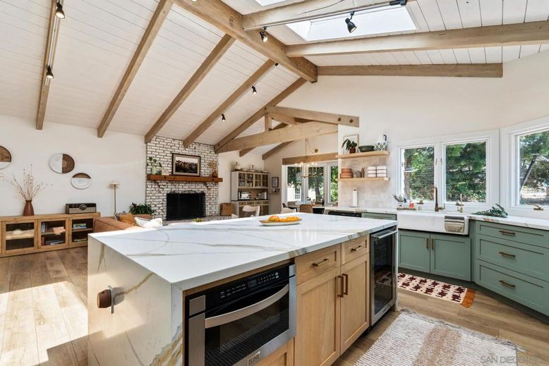 Fireplace, Interior, Kitchen, Pendant Lights, Stone Walls, Wooden Beams, Wood Texture Flooring