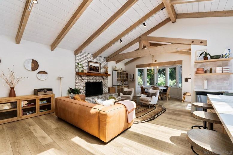 Dining room, Fireplace, Interior, Living room, Pendant Lights, Stone Walls, Wooden Beams, Wood Texture Flooring
