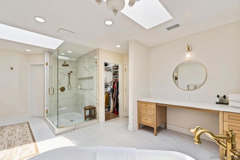 Bathroom, Glass Shower, Interior, Marble, Marble Walls, Recessed Lighting, Walk-in Closets