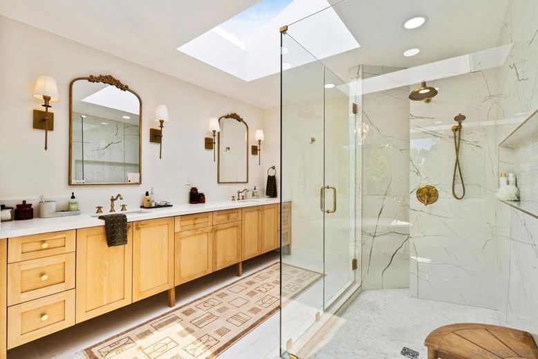 Bathroom, Dual Sink Vanities, Glass Shower, Interior, Marble Walls, Recessed Lighting