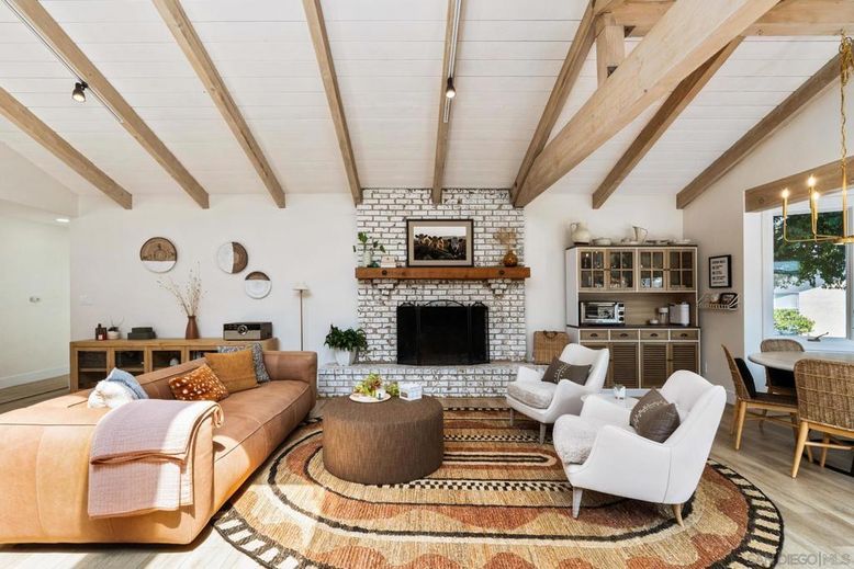 Dining room, Fireplace, Interior, Living room, Stone Walls, Wooden Beams, Wood Texture Flooring