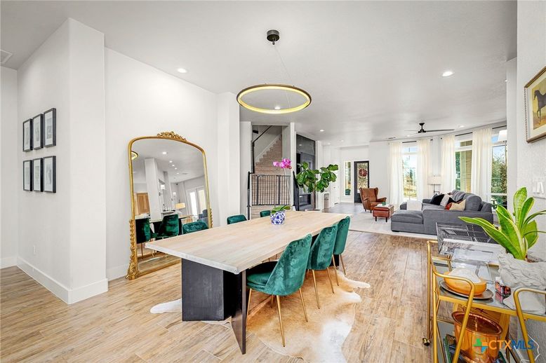 Dining room, Interior, Living room, Pendant Lights, Recessed Lighting, Wood Texture Flooring