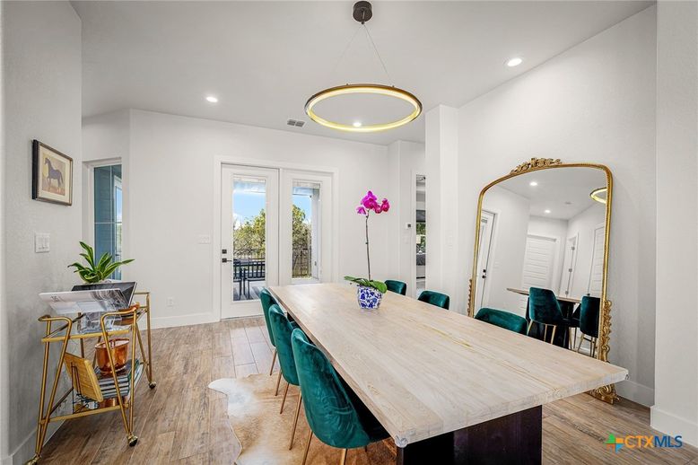 Dining room, Interior, Pendant Lights, Recessed Lighting, Wood Texture Flooring