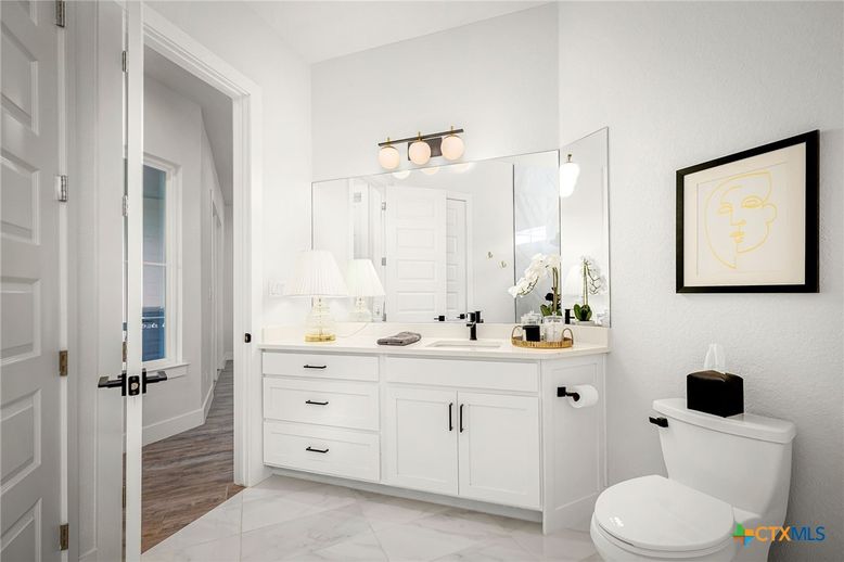 Bathroom, Dual Sink Vanities, Interior, Marble, Wood Texture Flooring