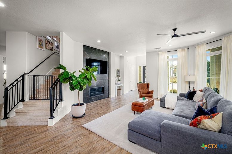 Fireplace, Interior, Living room, Recessed Lighting, Wood Texture Flooring