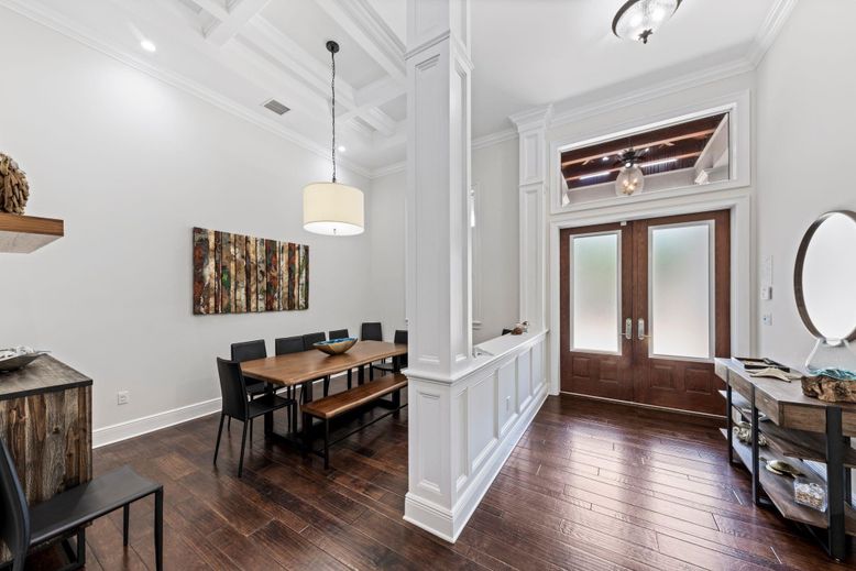 Dining room, Interior, Pendant Lights, Recessed Lighting, Wood Texture Flooring