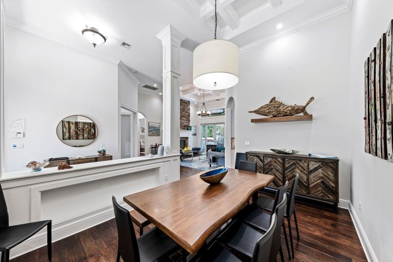 Dining room, Interior, Pendant Lights, Recessed Lighting, Wood Texture Flooring