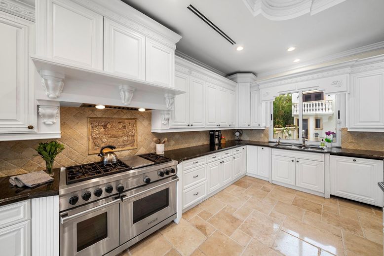 Interior, Kitchen, Recessed Lighting, Stainless Steel Appliances, Stone Walls
