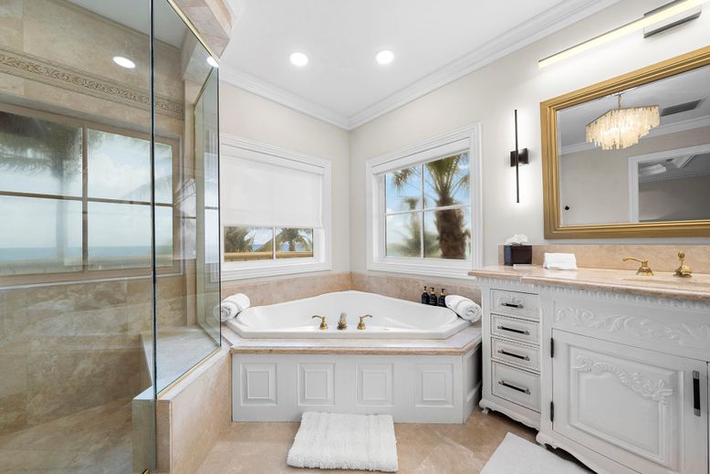 Bathroom, Chandelier, Glass Shower, Interior, Recessed Lighting