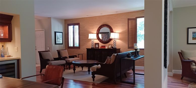 Interior, Living room, Recessed Lighting, Stone Walls, Wood Texture Flooring