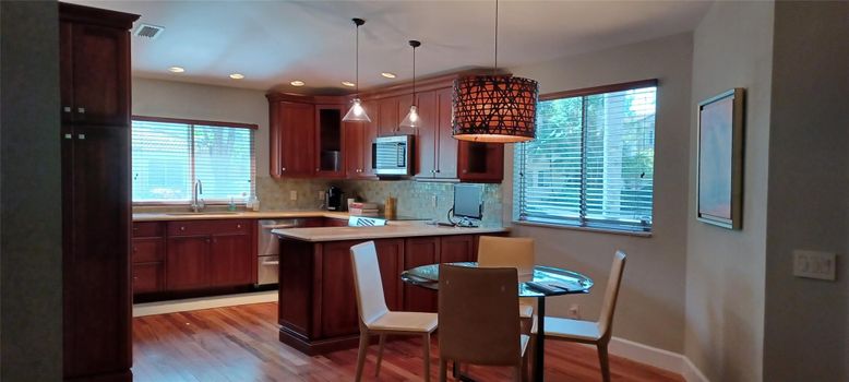 Dining room, Interior, Kitchen, Pendant Lights, Recessed Lighting, Wood Texture Flooring