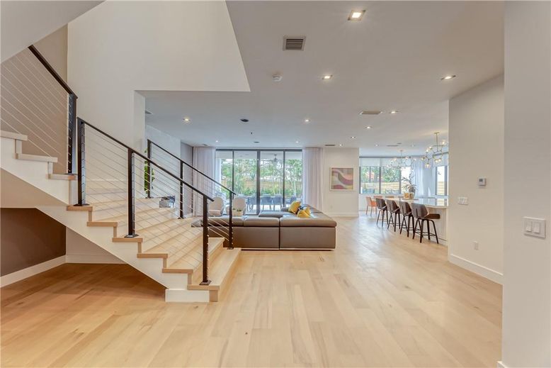 Dining room, Interior, Living room, Pendant Lights, Recessed Lighting, Wood Texture Flooring