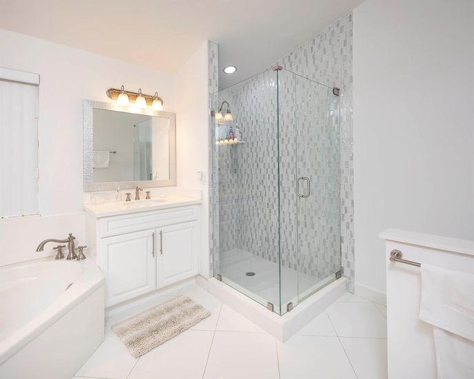 Bathroom, Dual Sink Vanities, Glass Shower, Interior, Recessed Lighting