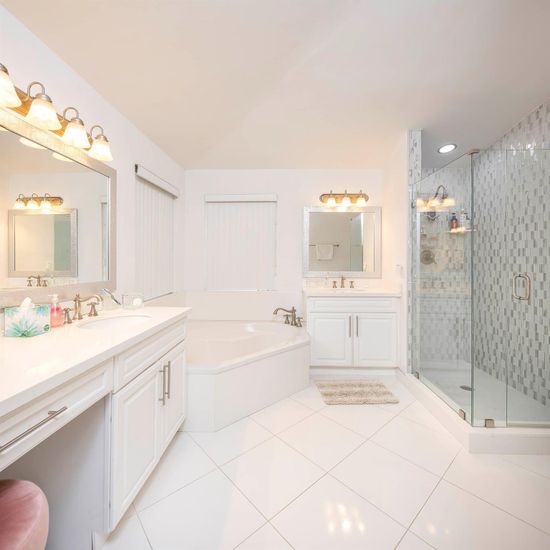 Bathroom, Dual Sink Vanities, Glass Shower, Interior, Recessed Lighting