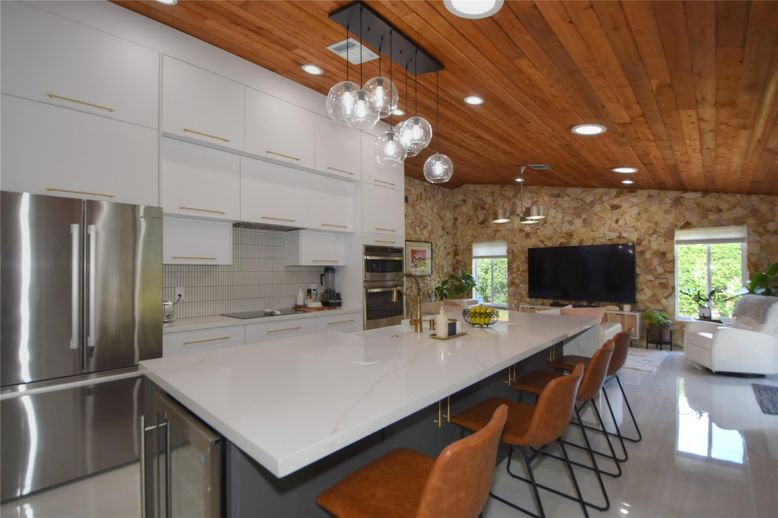 Interior, Kitchen, Pendant Lights, Recessed Lighting, Stainless Steel Appliances, Stone Walls, Wooden Ceilings
