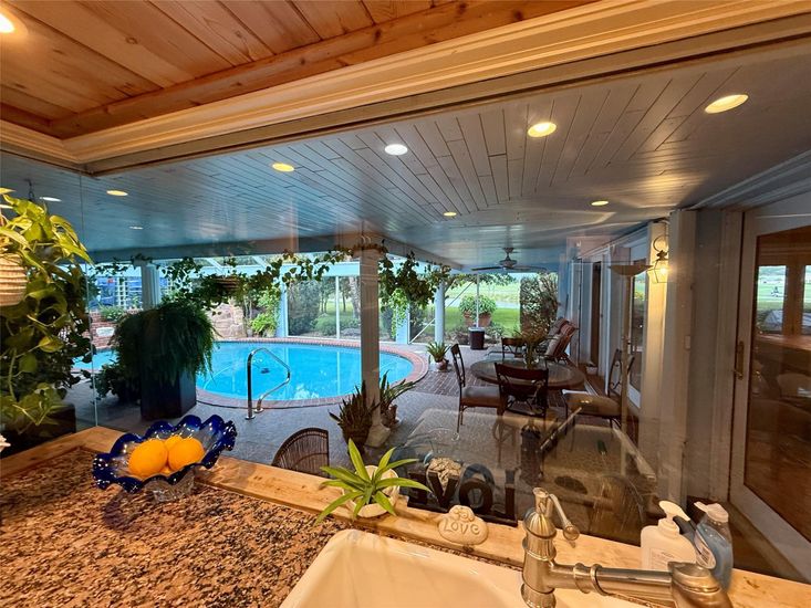 Dining room, Interior, Pool, Recessed Lighting, Wooden Ceilings