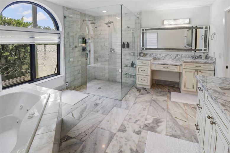 Bathroom, Glass Shower, Interior, Marble, Marble Walls, Recessed Lighting