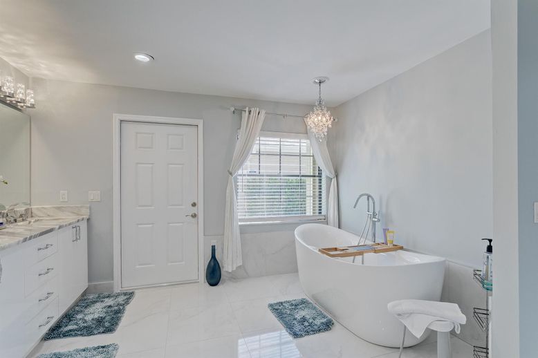 Bathroom, Chandelier, Free Standing Baths, Interior, Marble, Recessed Lighting