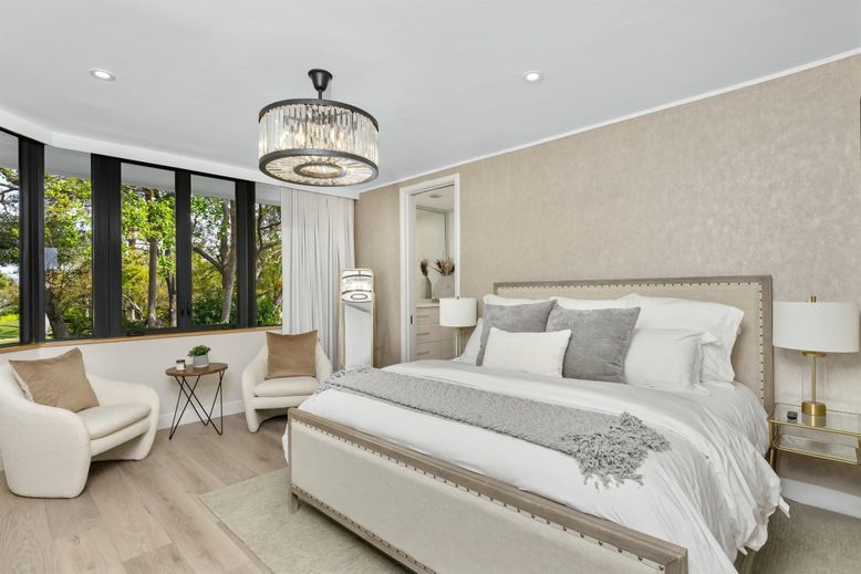 Bedroom, Chandelier, Interior, Recessed Lighting, Wood Texture Flooring