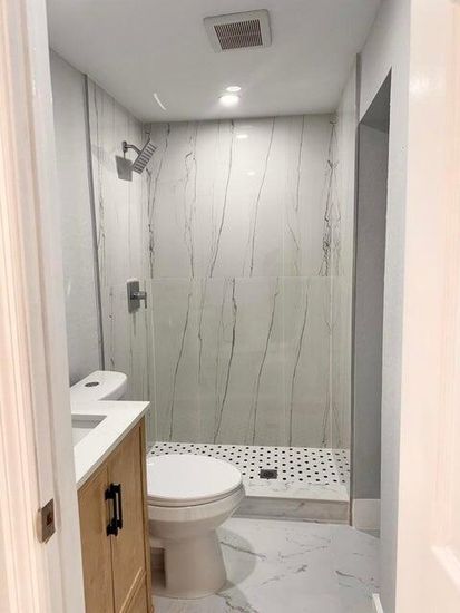 Bathroom, Glass Shower, Interior, Marble, Marble Walls, Recessed Lighting