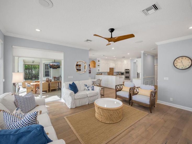 Dining room, Interior, Kitchen, Living room, Recessed Lighting, Stainless Steel Appliances, Wood Texture Flooring