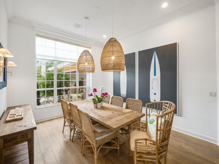 Dining room, Interior, Pendant Lights, Recessed Lighting, Wood Texture Flooring
