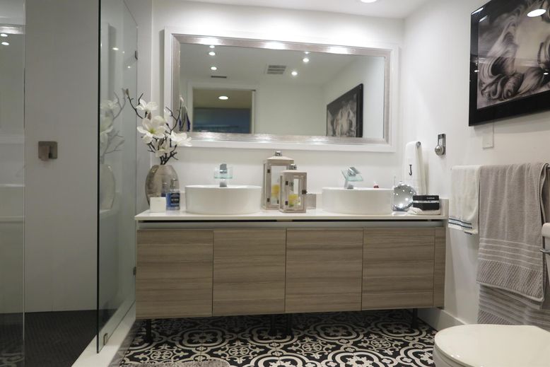 Bathroom, Dual Sink Vanities, Glass Shower, Interior, Recessed Lighting