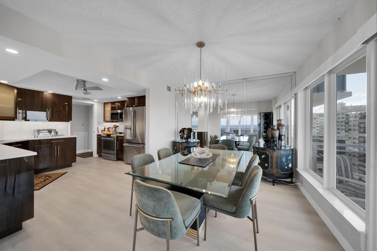 Dining room, Interior, Kitchen, Pendant Lights, Recessed Lighting, Stainless Steel Appliances, Wood Texture Flooring