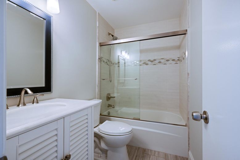 Bathroom, Glass Shower, Interior, Wood Texture Flooring