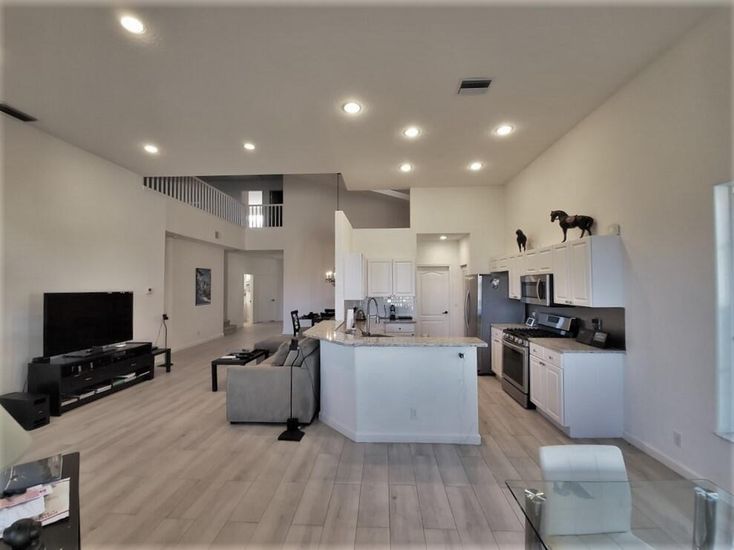 Interior, Kitchen, Living room, Recessed Lighting, Stainless Steel Appliances, Wood Texture Flooring