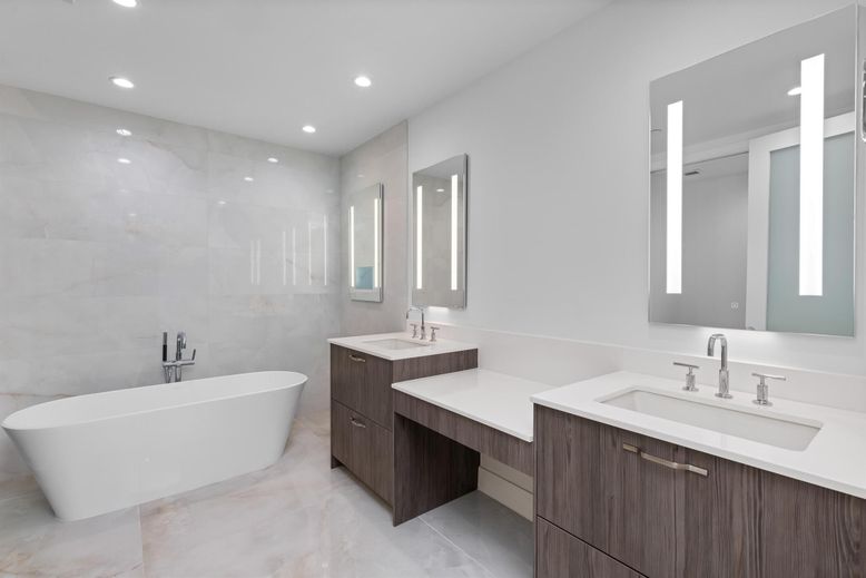 Bathroom, Dual Sink Vanities, Free Standing Baths, Interior, Marble Walls, Recessed Lighting