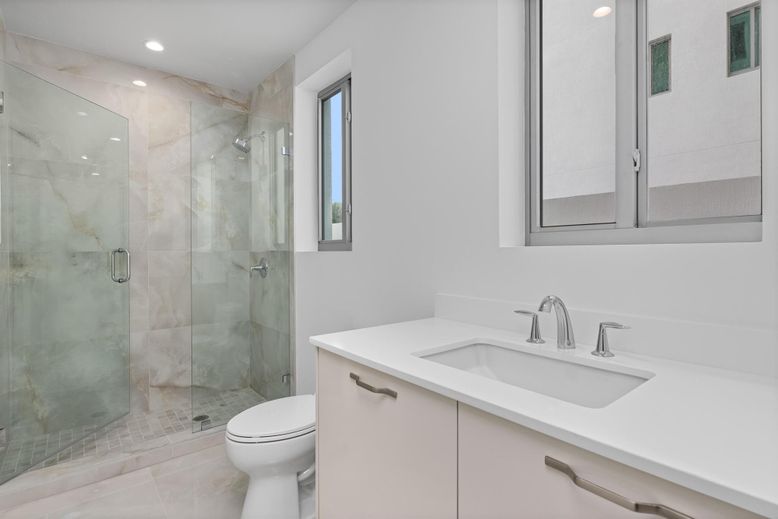 Bathroom, Glass Shower, Interior, Marble Walls, Recessed Lighting