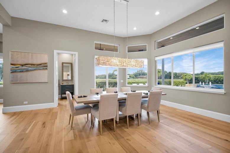 Chandelier, Dining room, Interior, Pendant Lights, Recessed Lighting, Wood Texture Flooring