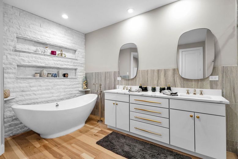 Bathroom, Dual Sink Vanities, Free Standing Baths, Interior, Recessed Lighting, Wood Texture Flooring