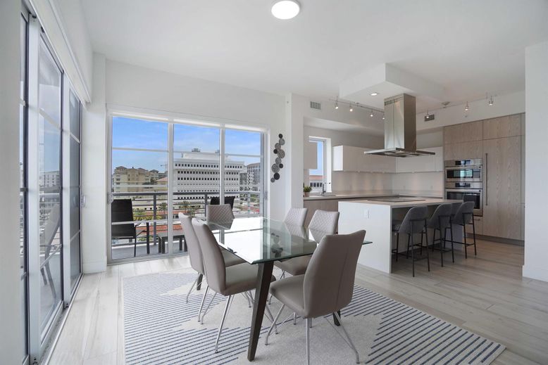 Dining room, Interior, Kitchen, Recessed Lighting, Stainless Steel Appliances, Wood Texture Flooring