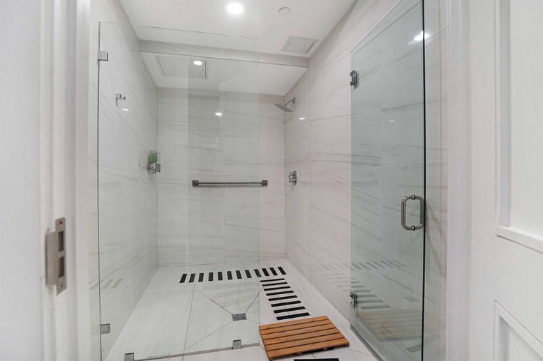 Bathroom, Glass Shower, Interior, Marble Walls, Recessed Lighting