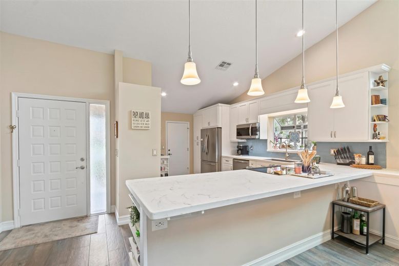 Interior, Kitchen, Pendant Lights, Recessed Lighting, Stainless Steel Appliances, Wood Texture Flooring