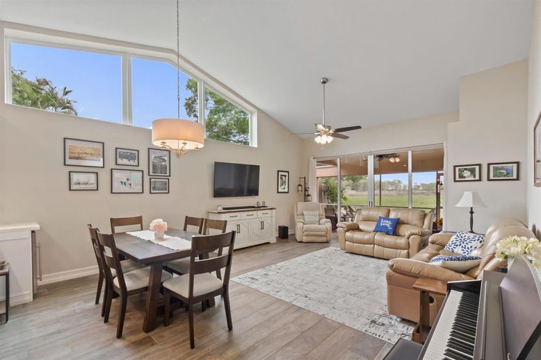 Dining room, Interior, Living room, Pendant Lights, Piano, Wood Texture Flooring