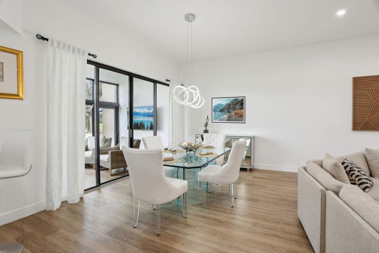 Dining room, Interior, Pendant Lights, Recessed Lighting, Wood Texture Flooring