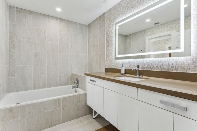 Bathroom, Interior, Recessed Lighting, Wood Texture Flooring