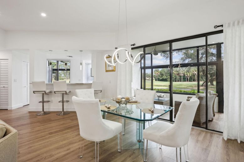 Dining room, Interior, Pendant Lights, Recessed Lighting, Wood Texture Flooring