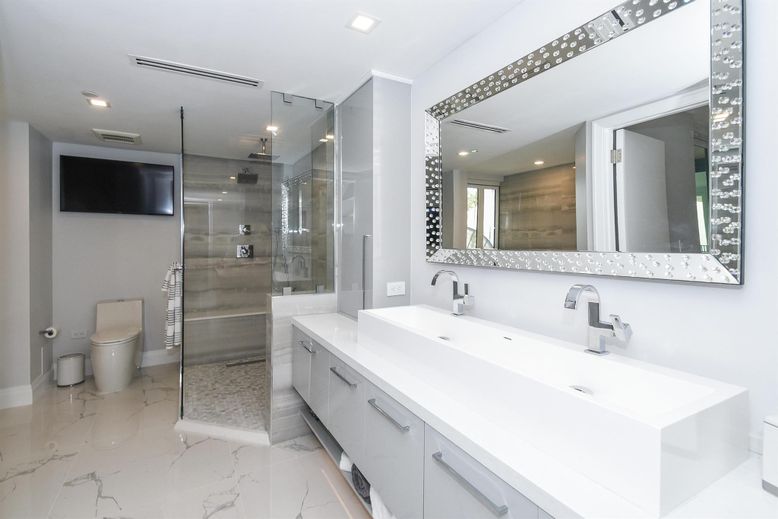 Bathroom, Dual Sink Vanities, Glass Shower, Interior, Marble, Recessed Lighting
