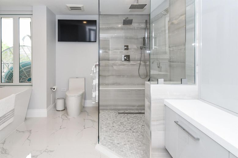 Bathroom, Glass Shower, Interior, Marble, Recessed Lighting